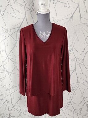 Cartise Dark Red Stretch Jersey Knit V-Neck Tiered Tunic